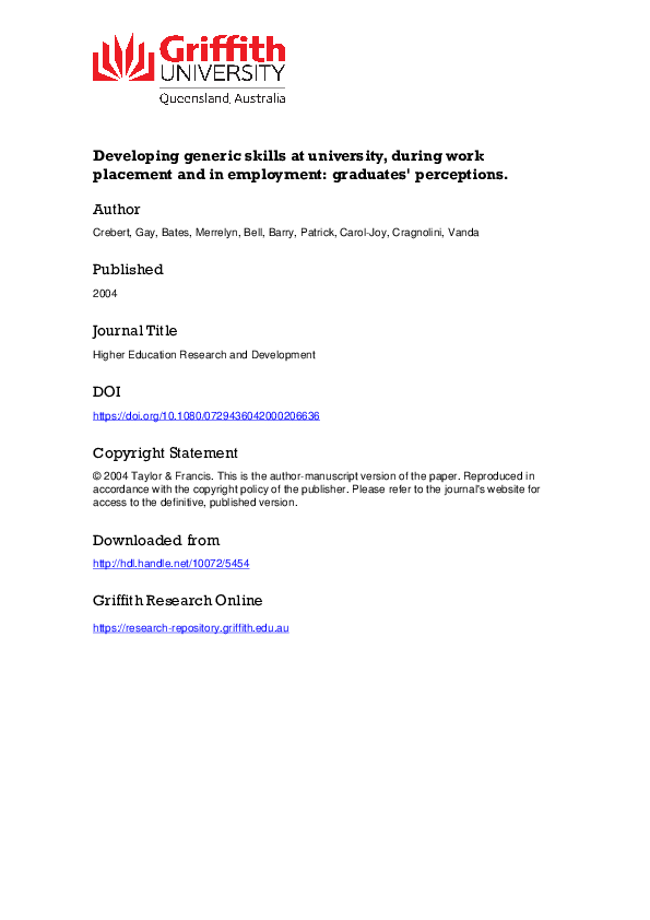 (PDF) Developing generic skills at university, during work placement ...