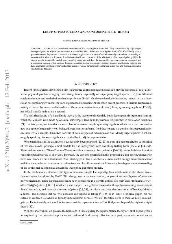 (PDF) Takiff superalgebras and conformal field theory