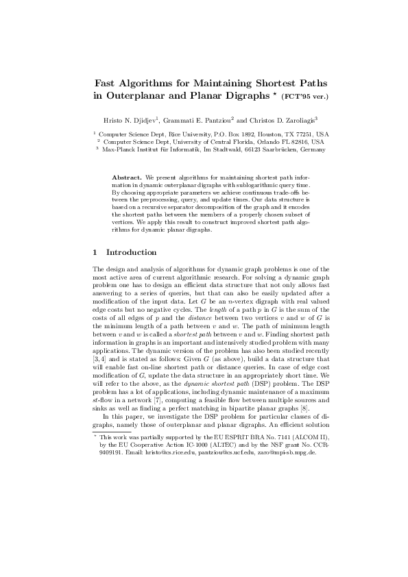 (PDF) Fast algorithms for maintaining shortest paths in outerplanar and ...