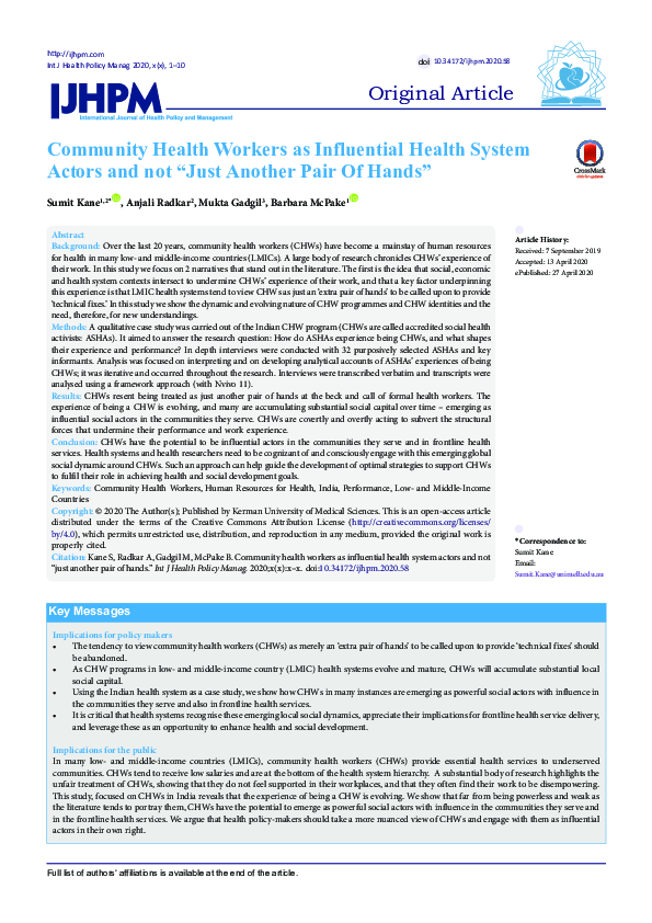 (PDF) Community Health Workers as Influential Health System Actors and ...