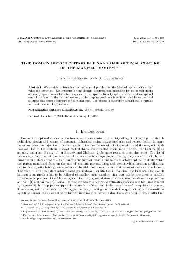 (PDF) Time Domain Decomposition in Final Value Optimal Control of the ...