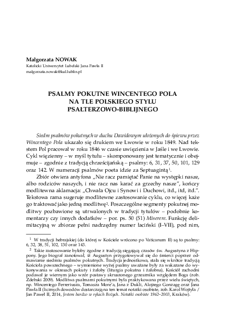 (PDF) Psalmy pokutne Wincentego Pola na tle polskiego stylu psałterzowo