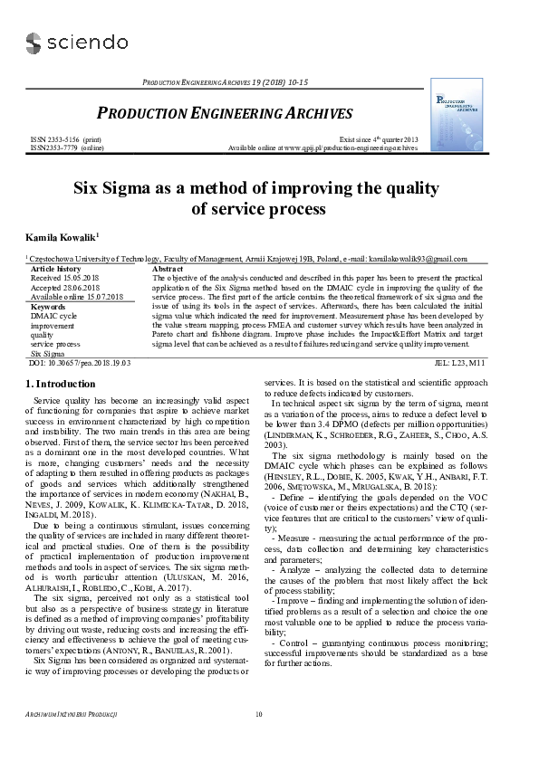 (PDF) Six Sigma as a method of improving the quality of service process