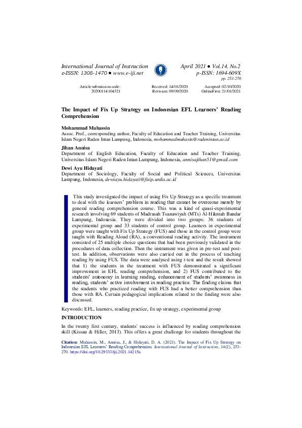(PDF) The Impact of Fix Up Strategy on Indonesian EFL Learners’ Reading ...