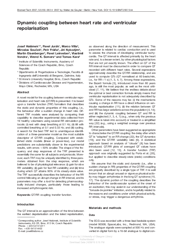 (PDF) Dynamic coupling between heart rate and ventricular repolarisation
