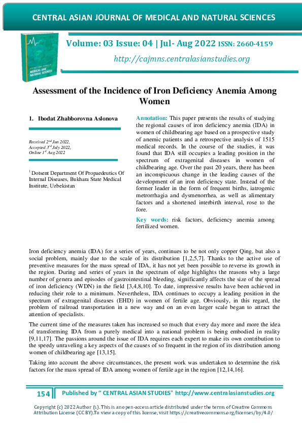 (PDF) Assessment of the Incidence of Iron Deficiency Anemia Among Women
