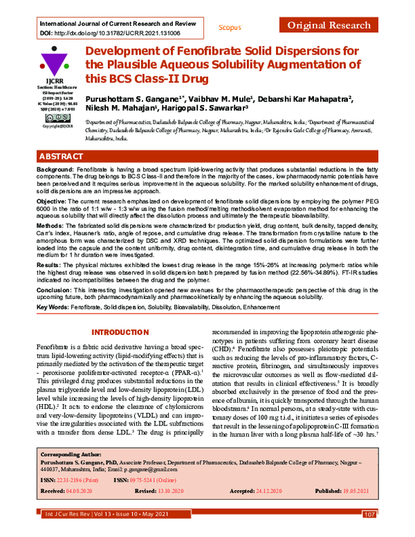 (PDF) Development of Fenofibrate Solid Dispersions for the Plausible ...