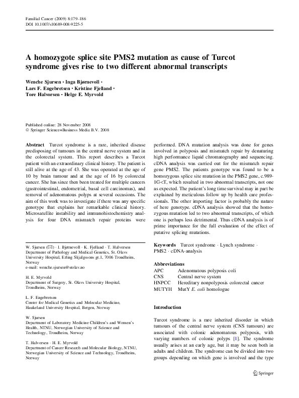 (PDF) A homozygote splice site PMS2 mutation as cause of Turcot ...
