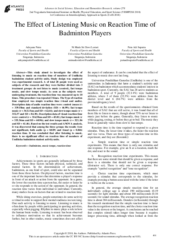 (PDF) The Effect of Listening Music on Reaction Time of Badminton Players