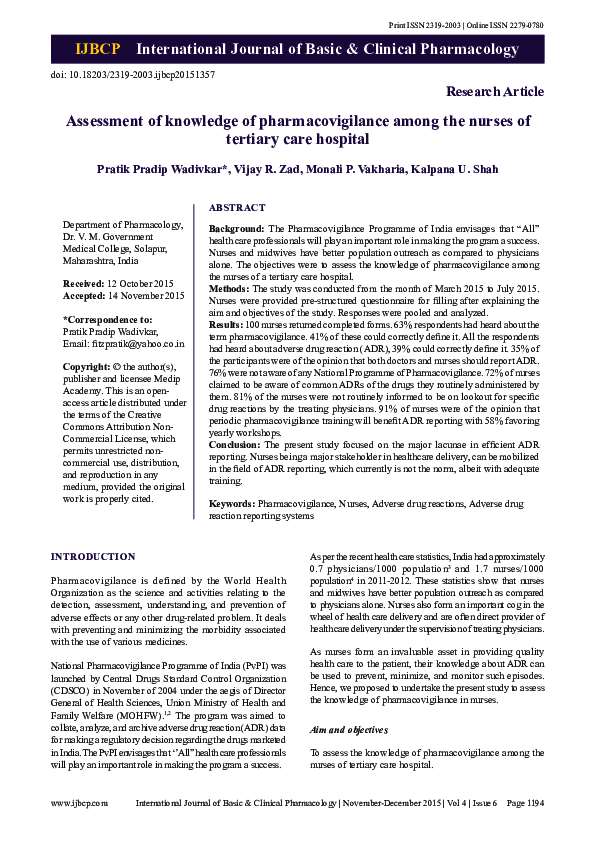 (PDF) Assessment of knowledge of pharmacovigilance among the nurses of ...