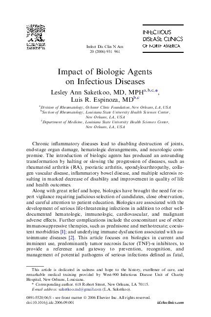 (PDF) Impact of Biologic Agents on Infectious Diseases