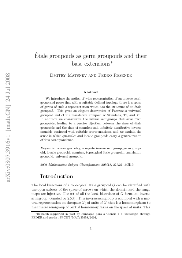 (PDF) Étale Groupoids as Germ Groupoids and Their Base Extensions