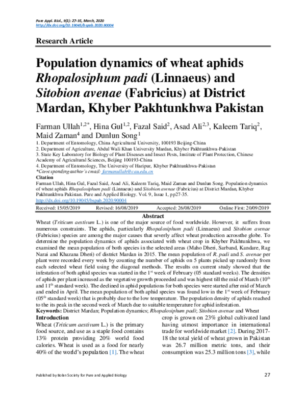 (PDF) Population dynamics of wheat aphids Rhopalosiphum padi (Linnaeus ...