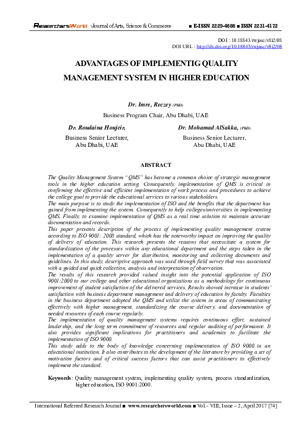 (PDF) Advantages of Implementig Quality Management System in Higher ...
