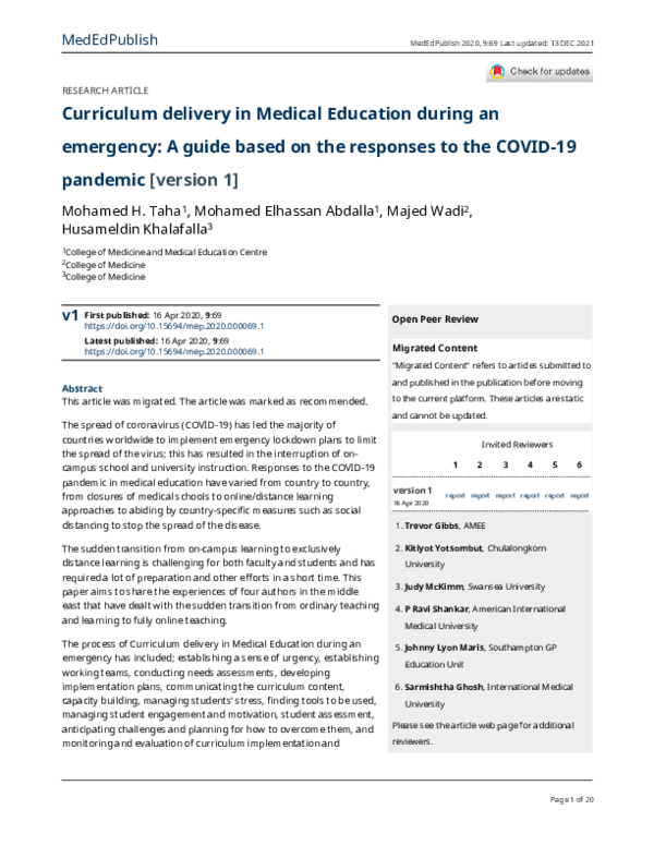 (PDF) Curriculum delivery in Medical Education during an emergency: A ...