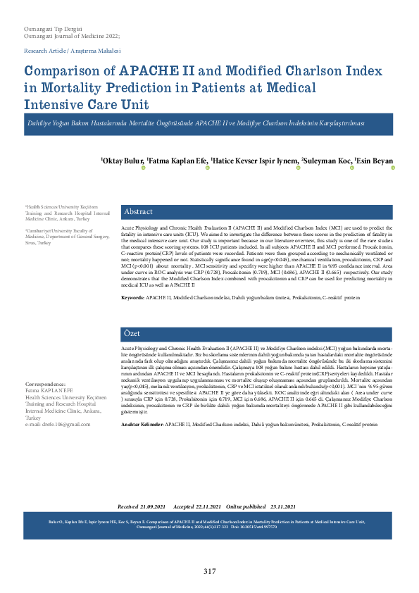 (PDF) Comparison of APACHE II and Modified Charlson Index in Mortality ...