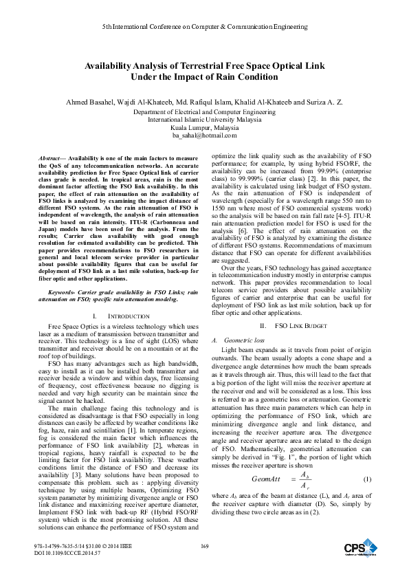 (PDF) Availability Analysis of Terrestrial Free Space Optical Link ...