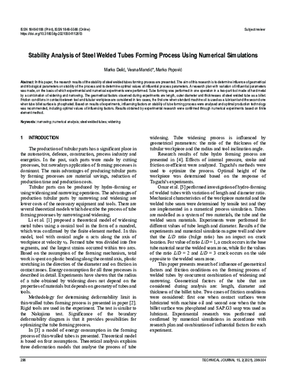 (PDF) Stability Analysis of Steel Welded Tubes Forming Process Using ...