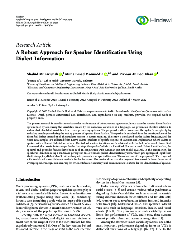 (PDF) A Robust Approach for Speaker Identification Using Dialect ...