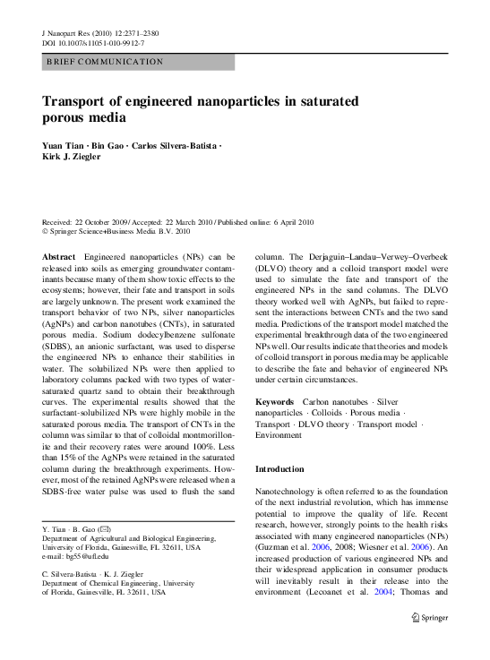 (PDF) Transport of engineered nanoparticles in saturated porous media