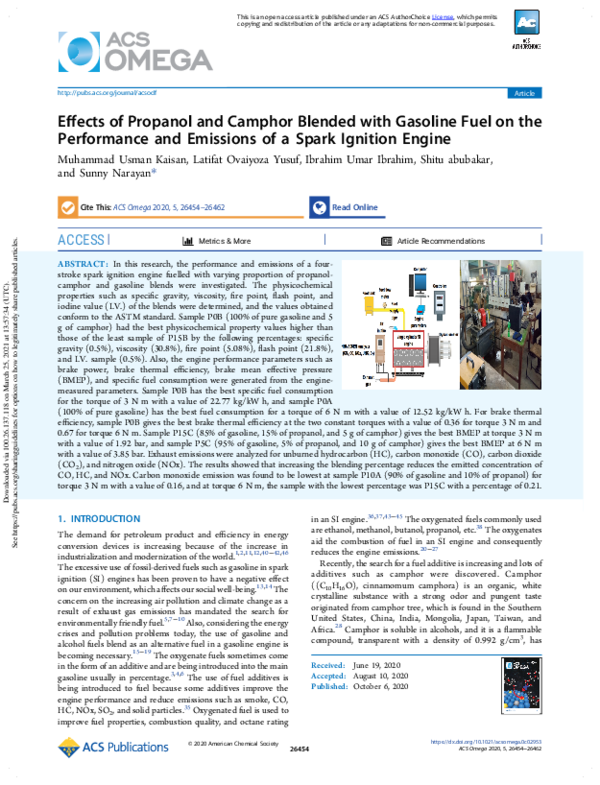 (PDF) Effects of Propanol and Camphor Blended with Gasoline Fuel on the ...