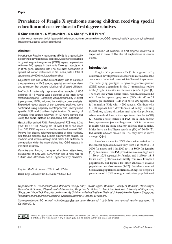 (PDF) Prevalence of Fragile X Syndrome among children receiving special ...