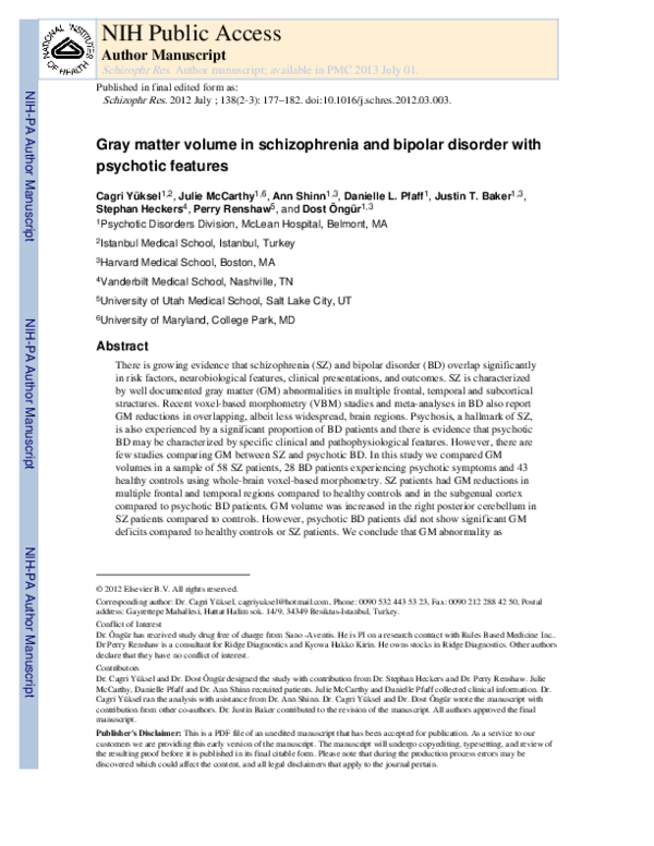 (PDF) Gray matter volume in schizophrenia and bipolar disorder with ...