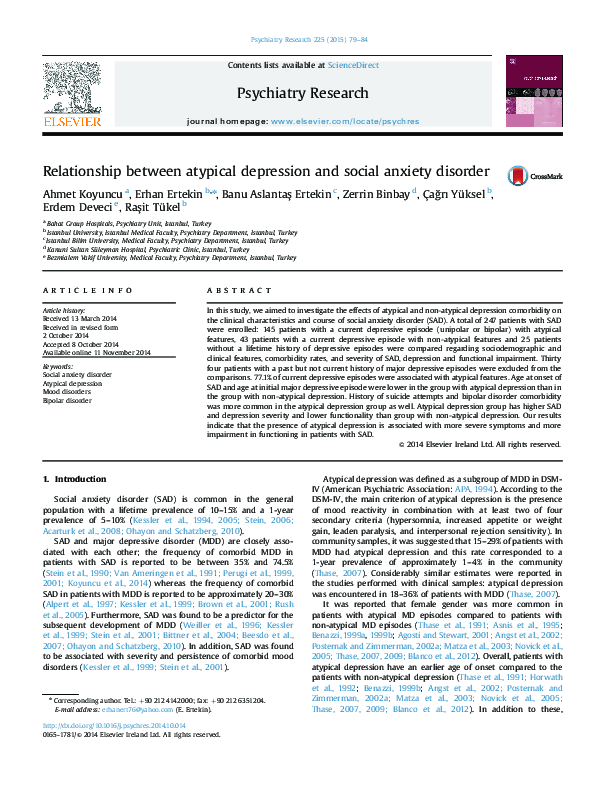 (PDF) Relationship between atypical depression and social anxiety disorder