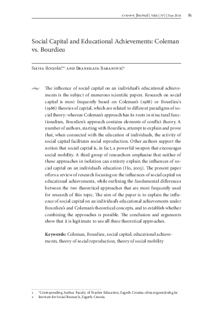 (PDF) Social Capital and Educational Achievements: Coleman vs. Bourdieu
