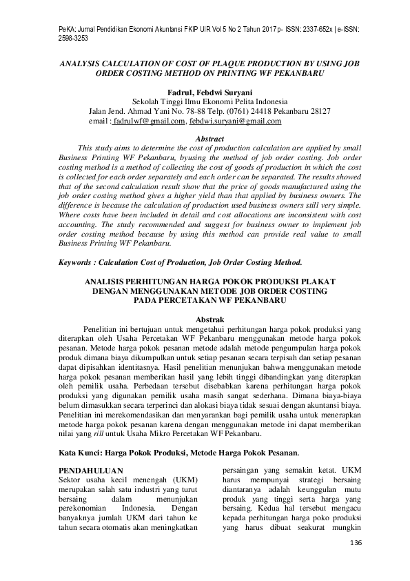 (PDF) Analysis Calculation of Cost of Plaque Production by Using Job