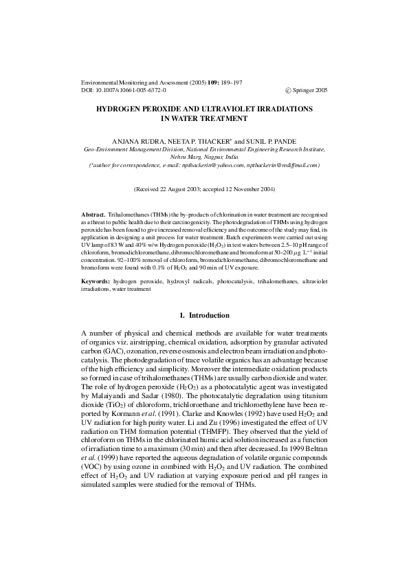 (PDF) Hydrogen Peroxide and Ultraviolet Irradiations in Water Treatment
