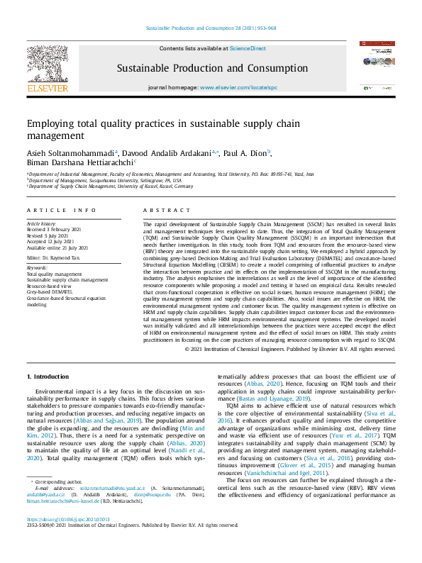 (PDF) Employing total quality practices in sustainable supply chain ...