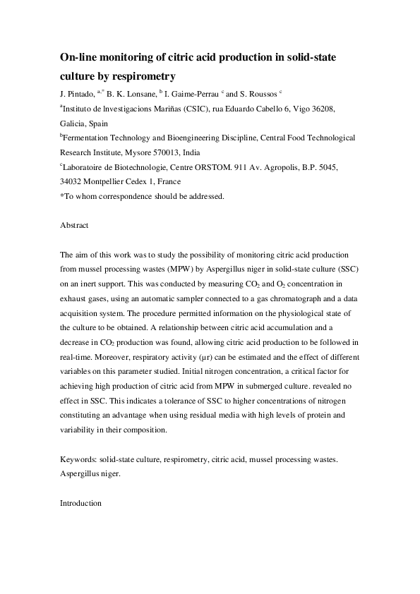 (PDF) On-line monitoring of citric acid production in solid-state ...