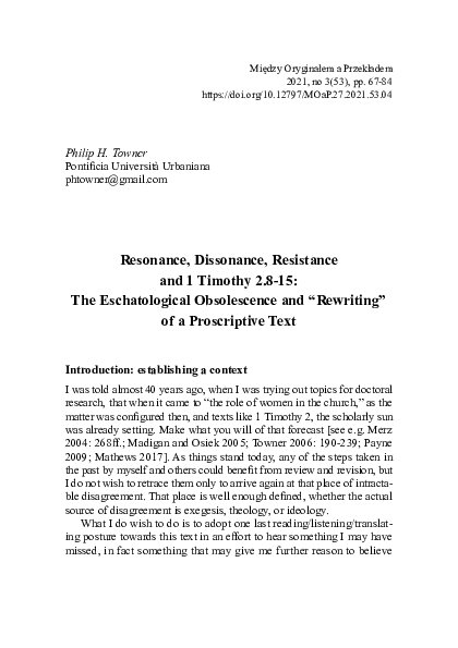(PDF) Resonance, Dissonance, Resistance and 1 Timothy 2.8-15: The ...