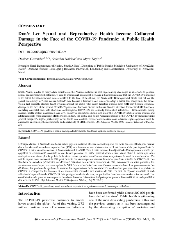 (PDF) Don't Let Sexual and Reproductive Health become Collateral Damage ...