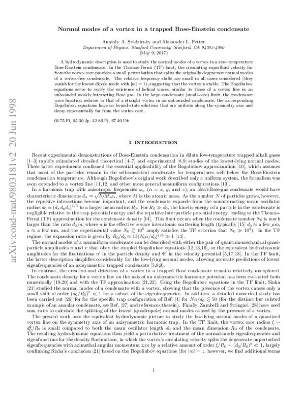(PDF) Normal modes of a vortex in a trapped Bose-Einstein condensate