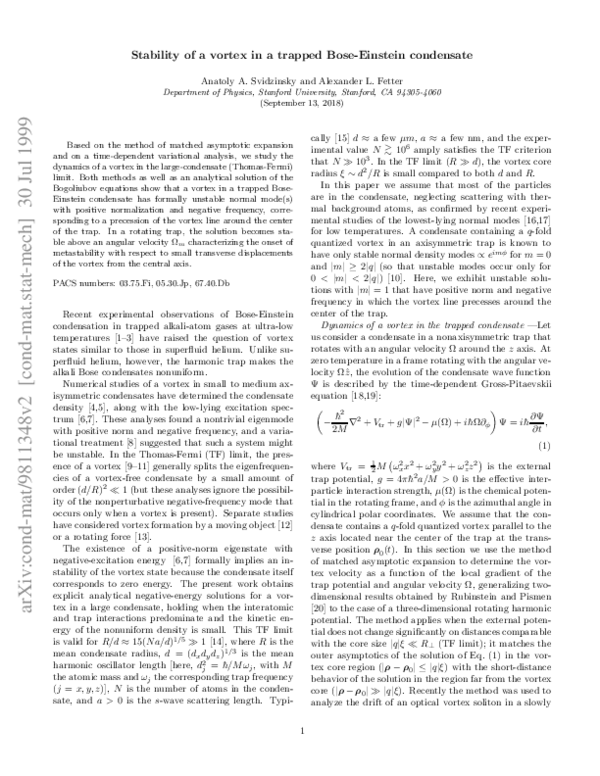 (PDF) Stability of a Vortex in a Trapped Bose-Einstein Condensate
