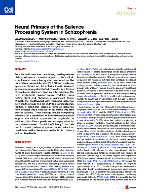 (PDF) Neural primacy of the salience processing system in schizophrenia