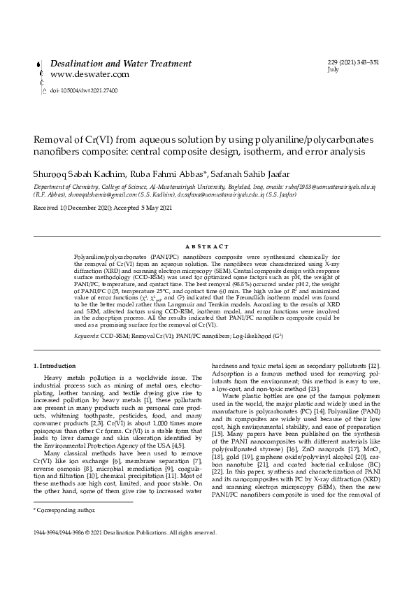 (PDF) Removal of Cr(VI) from aqueous solution by using polyaniline ...