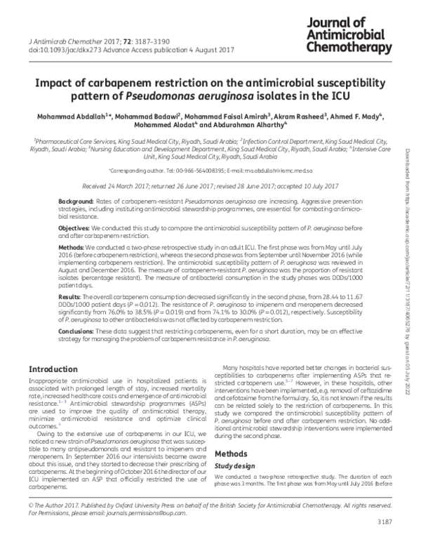 (PDF) Impact of carbapenem restriction on the antimicrobial ...