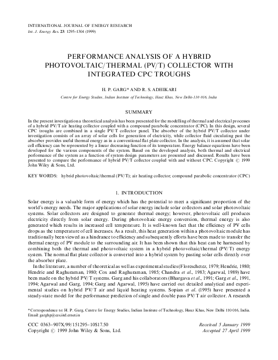 (PDF) Performance analysis of a hybrid photovoltaic thermal double pass ...