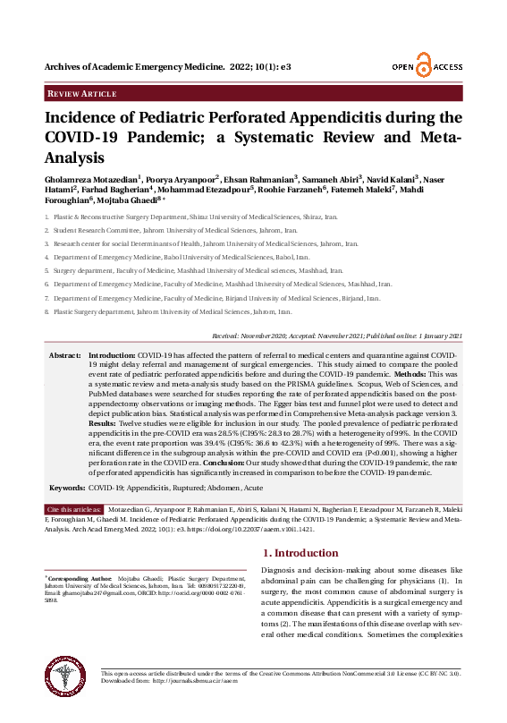 (PDF) Incidence of Pediatric Perforated Appendicitis during the COVID ...