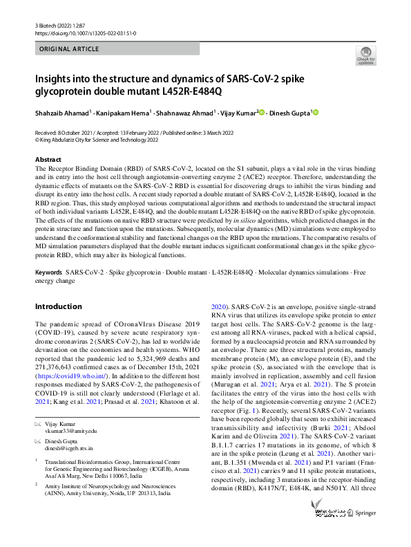 (PDF) Insights into the structure and dynamics of SARS-CoV-2 spike ...