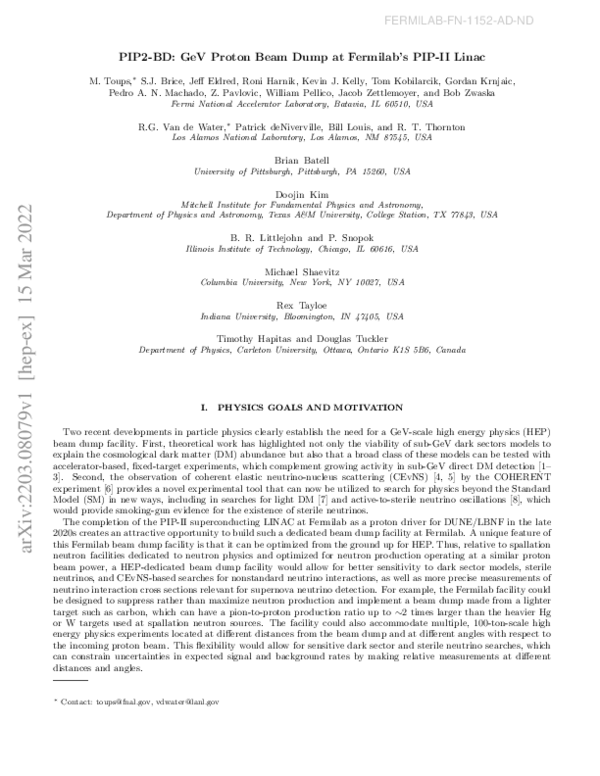 (PDF) PIP2-BD: GeV Proton Beam Dump at Fermilab's PIP-II Linac