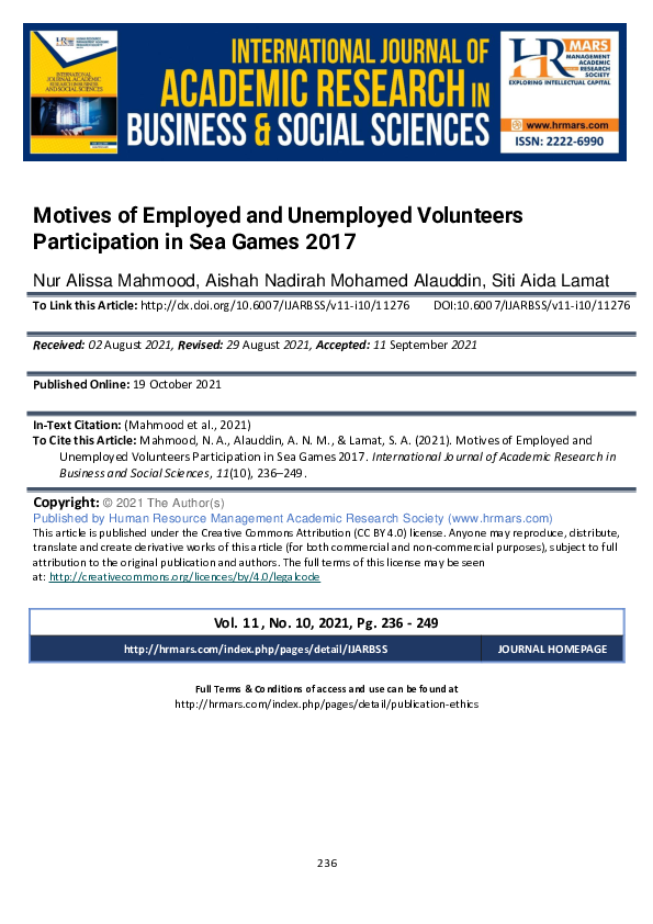 Motives of Employed and Unemployed Volunteers Participation in Sea Games 2017