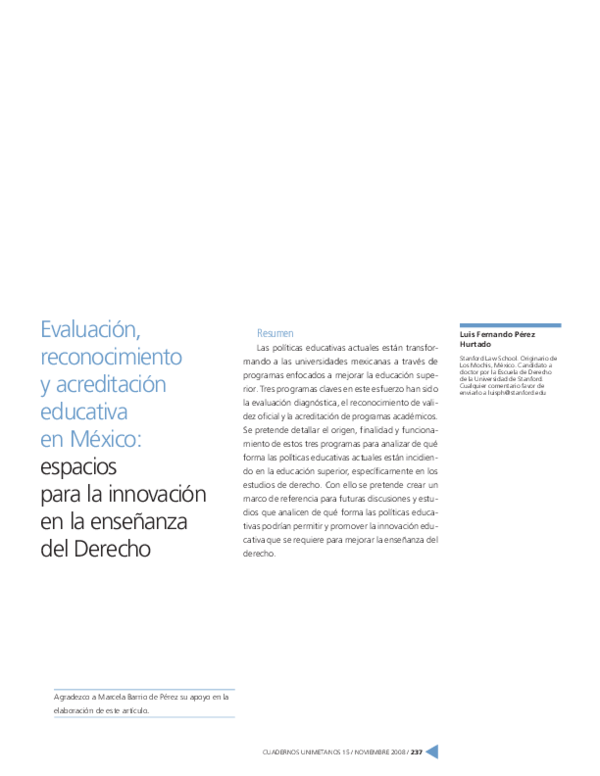 Evaluación, reconocimiento y acreditación educativa en México: Espacios para la innovación en la enseñanza del Derecho