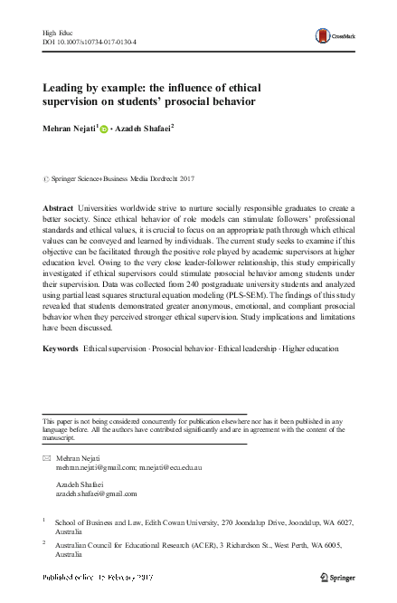 (PDF) Leading by example: the influence of ethical supervision on ...
