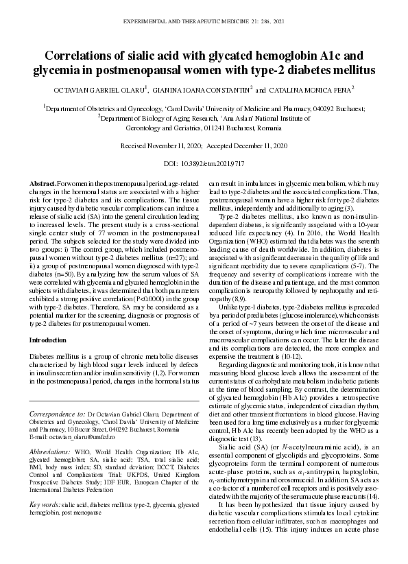 (PDF) Correlations of sialic acid with glycated hemoglobin A1c and ...