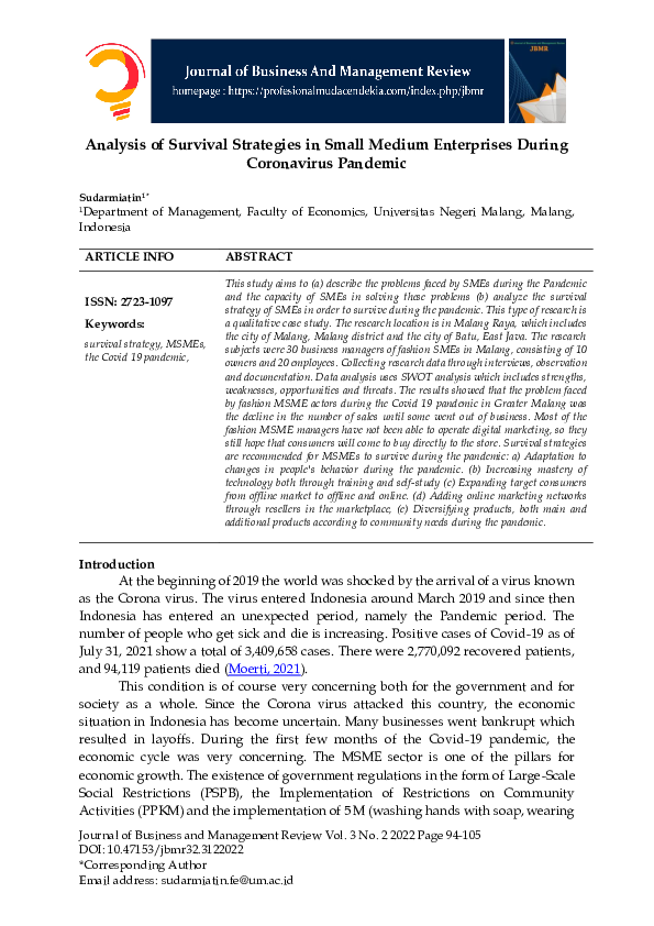 (PDF) The Analysis of Survival Strategies in Small Medium Enterprises ...