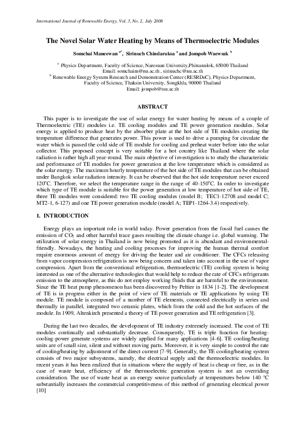 (PDF) The Novel Solar Water Heating by Means of Thermoelectric Modules